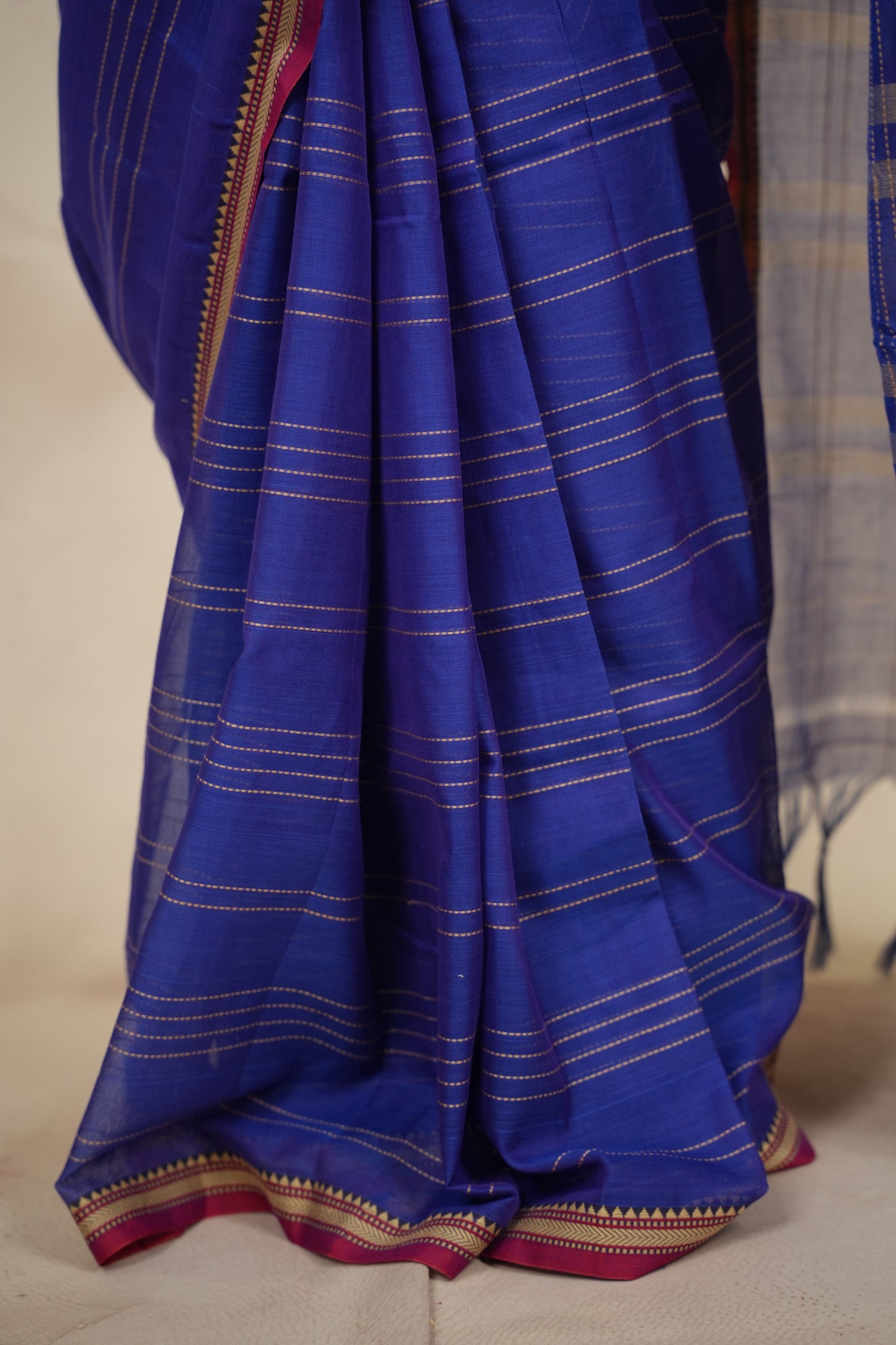 Blue Narayanpet Cotton Saree lines weaving | Looms & Tassels