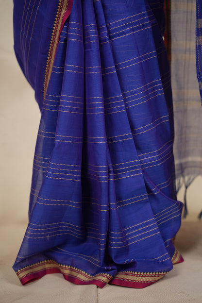 Blue Narayanpet Cotton Saree lines weaving | Looms & Tassels