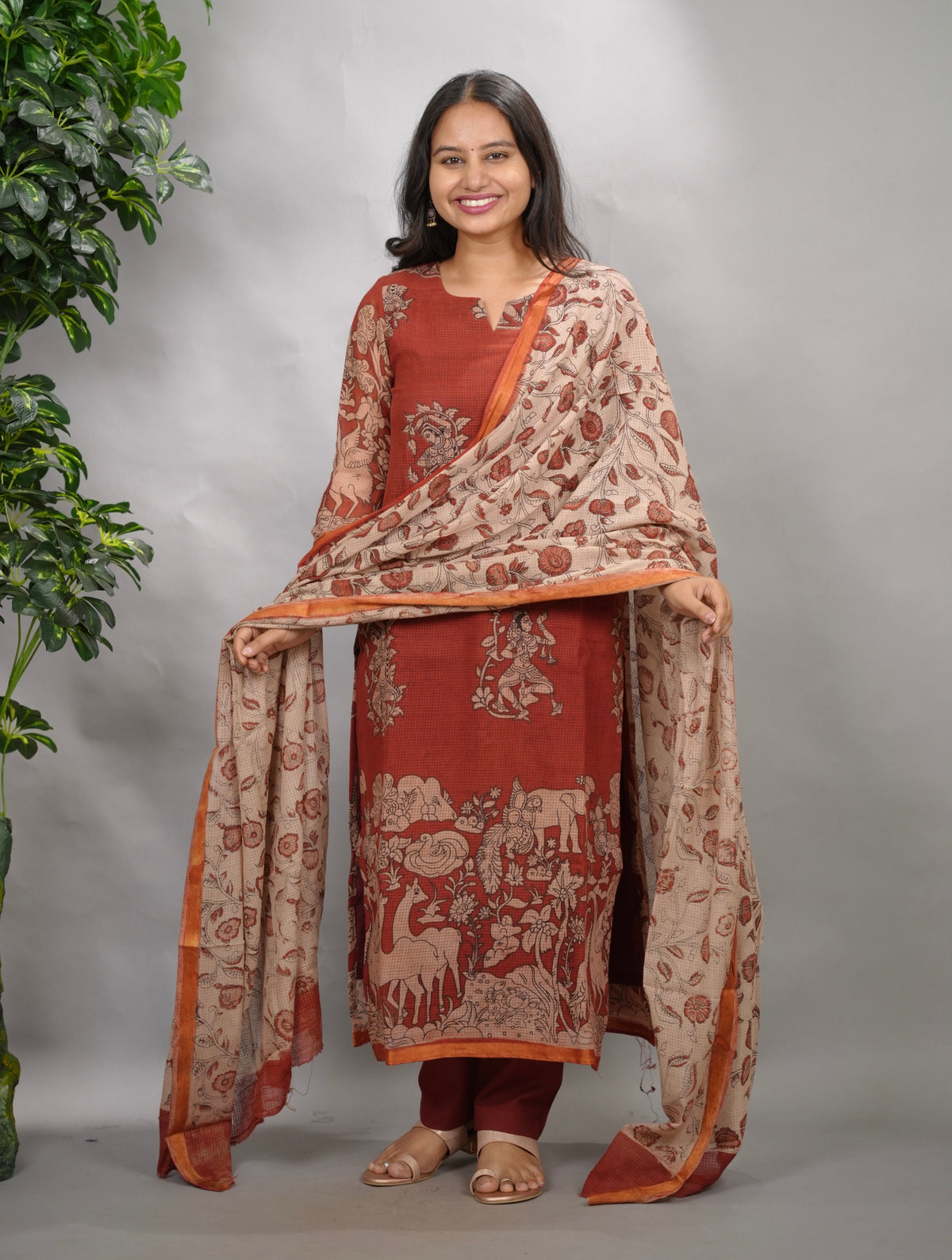 Maroon Kalamkari Kota Cotton 3 piece suit (stitched) | Looms & Tassels