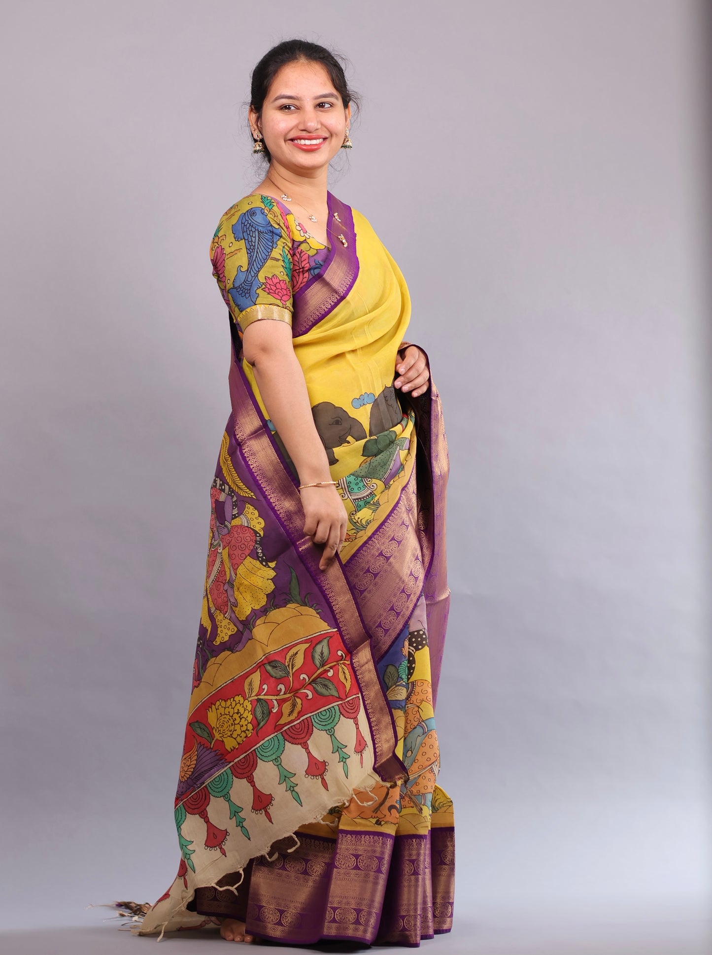 Yellow Hand Painted Pen Kalamkari Silk Saree