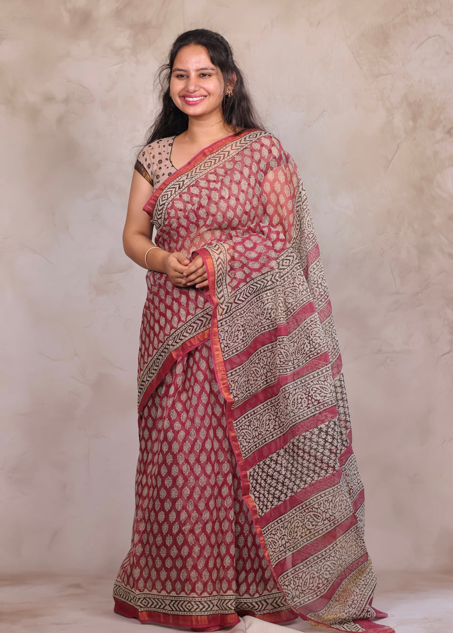 Onion Pink Pure Kota Doria Saree with Bagru Handblock Prints | Looms & Tassels
