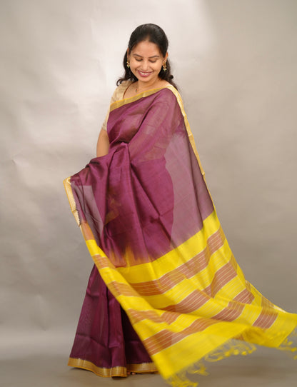 Wine & Yellow Handloom Mangalagiri Silk Saree| Looms & Tassels