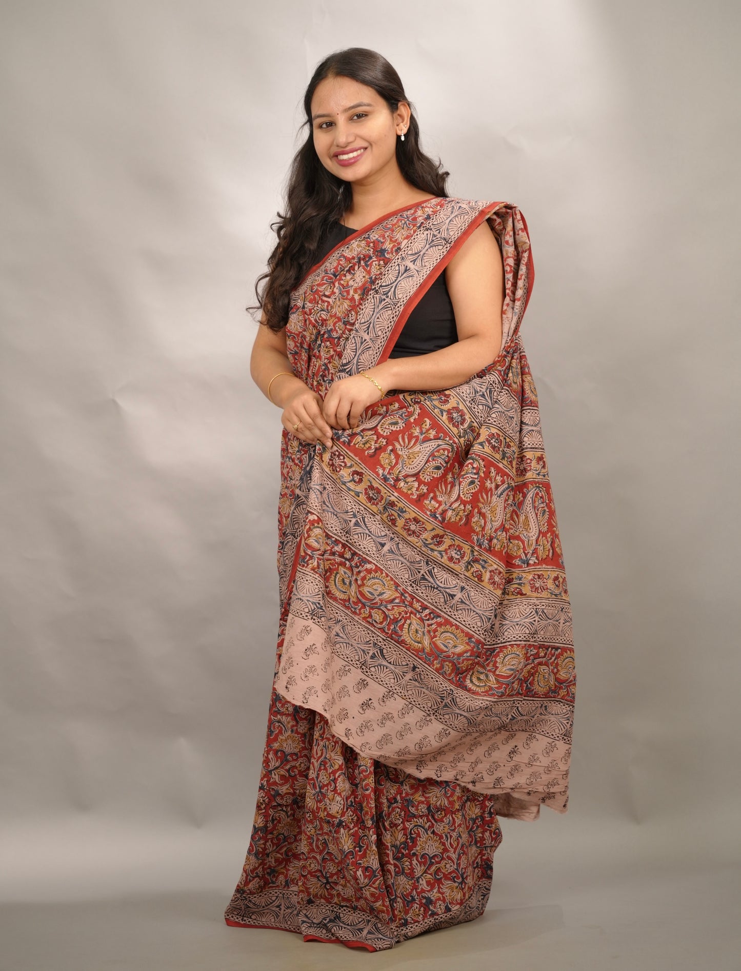 Red Hand Block Printed Kalamkari Cotton Saree | Looms & Tassels