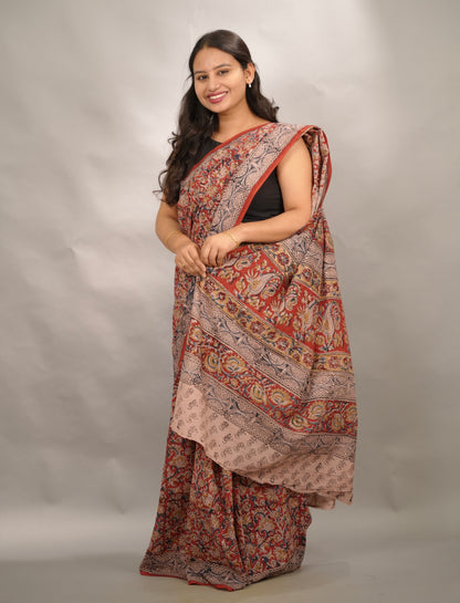 Red Hand Block Printed Kalamkari Cotton Saree | Looms & Tassels