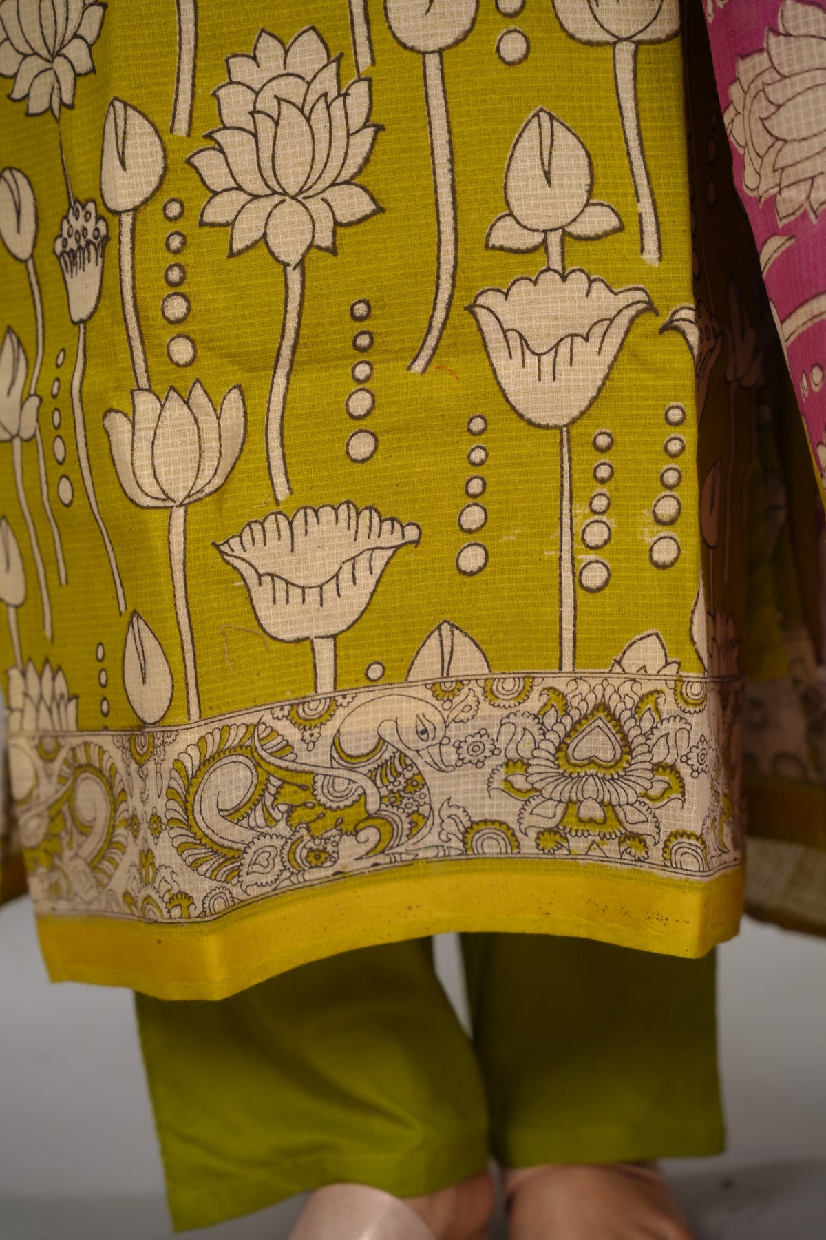 Lemon Green Kalamkari Kota Cotton 3 piece suit (stitched) | Looms & Tassels