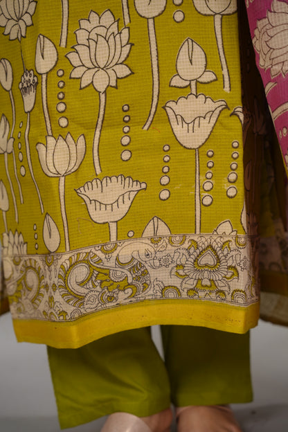 Lemon Green Kalamkari Kota Cotton 3 piece suit (stitched) | Looms & Tassels