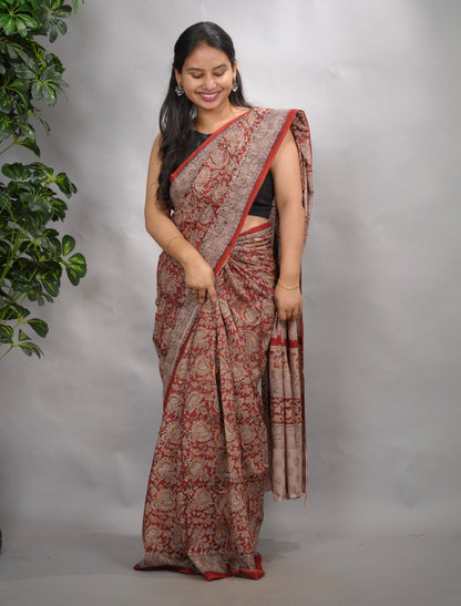 Maroon Hand Block Printed Kalamkari Cotton Saree | Looms & Tassels