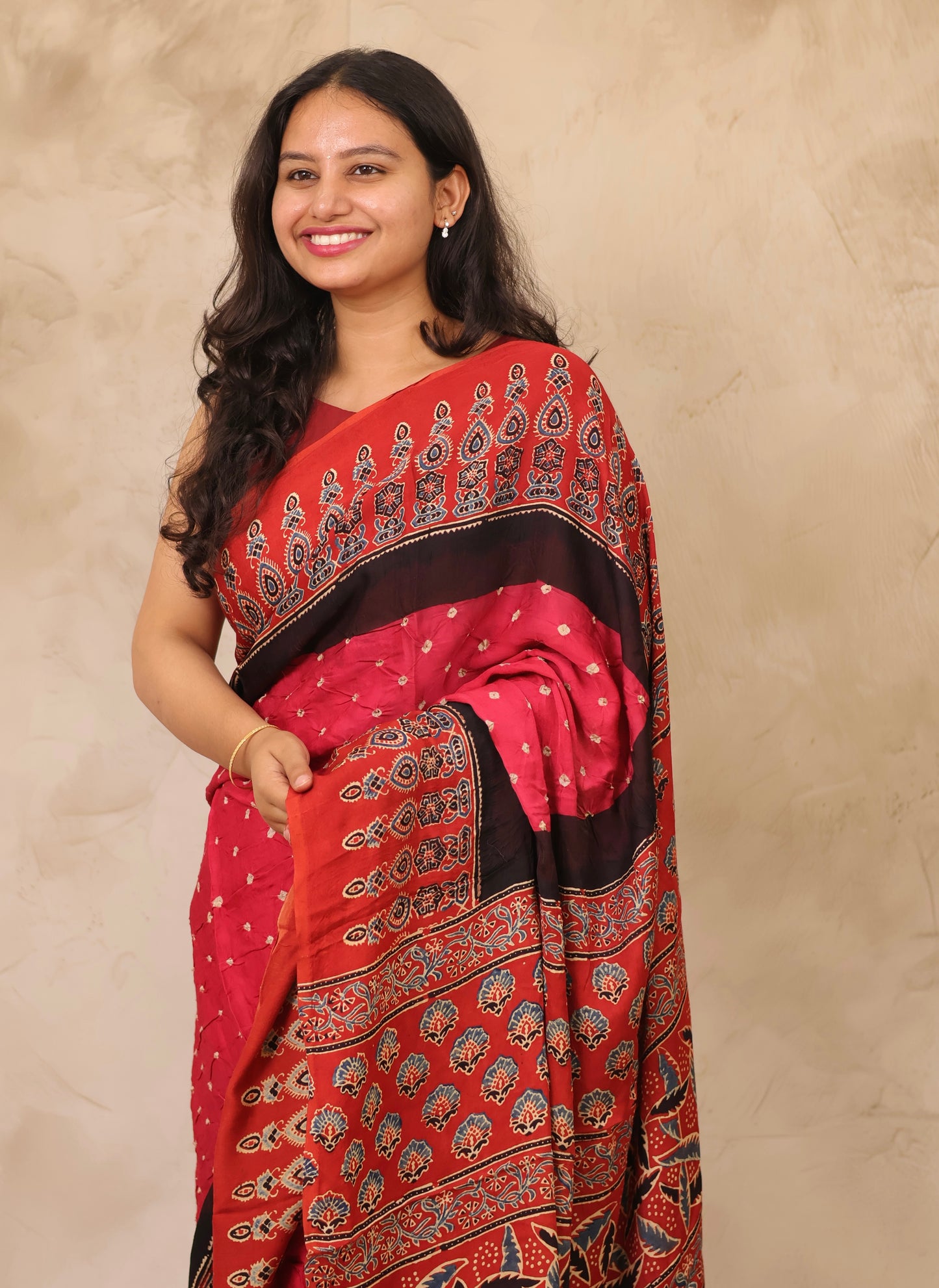 Pink Hand Knotted Ajrakh Bandhej Modal Silk Saree | Looms & Tassels