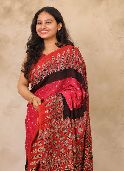 Pink Hand Knotted Ajrakh Bandhej Modal Silk Saree | Looms & Tassels