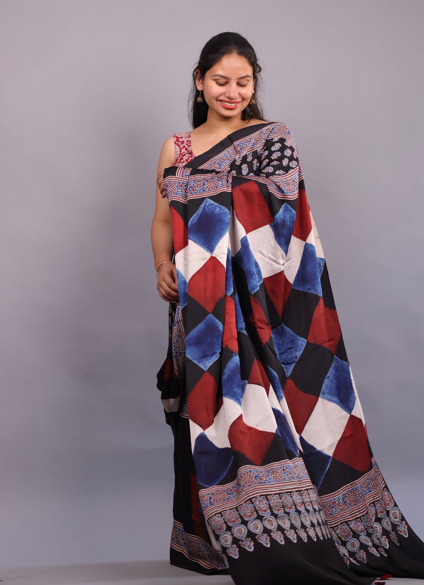 Authentic Ajrakh Handblock Printed Modal Silk Saree | Looms & Tassels