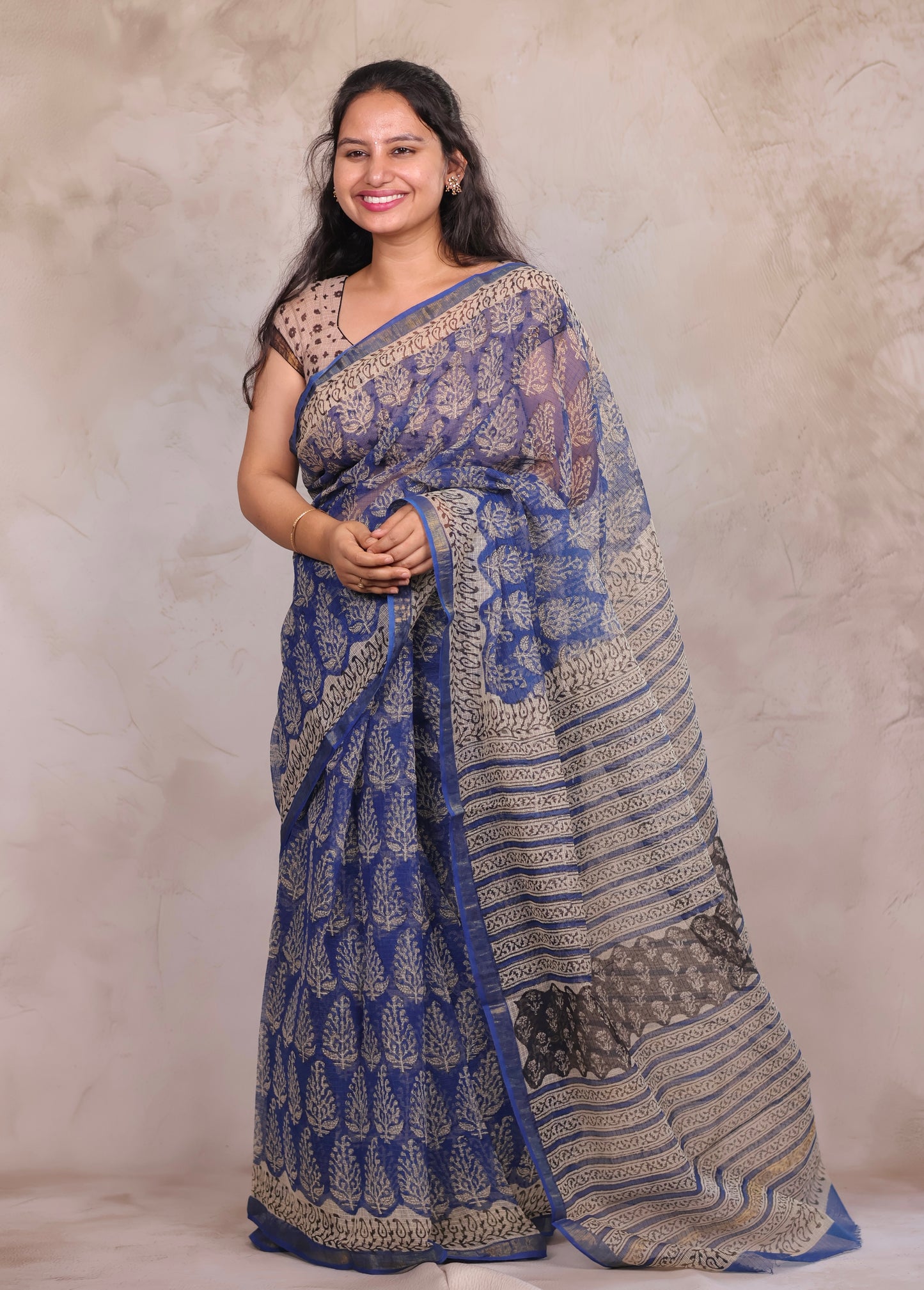 Blue Pure Kota Doria Saree with Bagru Handblock Prints | Looms & Tassels