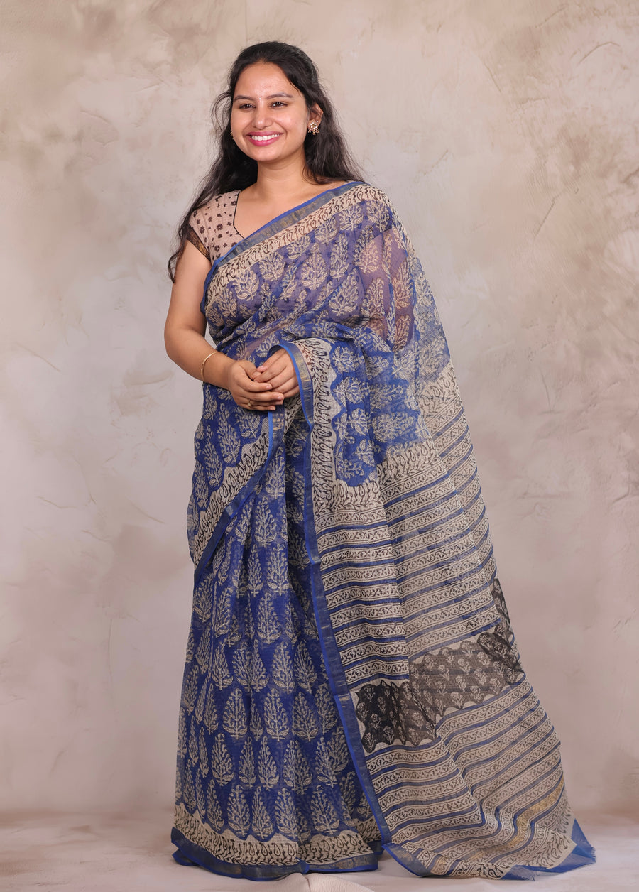 Blue Pure Kota Doria Saree with Bagru Handblock Prints | Looms & Tassels