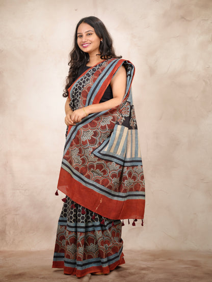 Black & Red Ajrakh Hand Block Printed Cotton Saree | Looms & Tassels