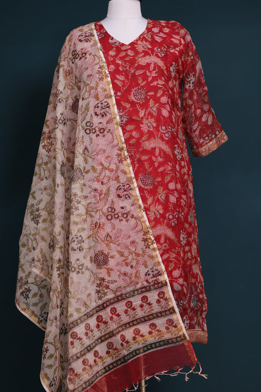 Red Handblock printed kota 3 piece suit (stitched)