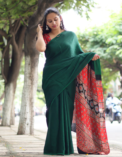 Green Ajrakh Modal Silk Saree