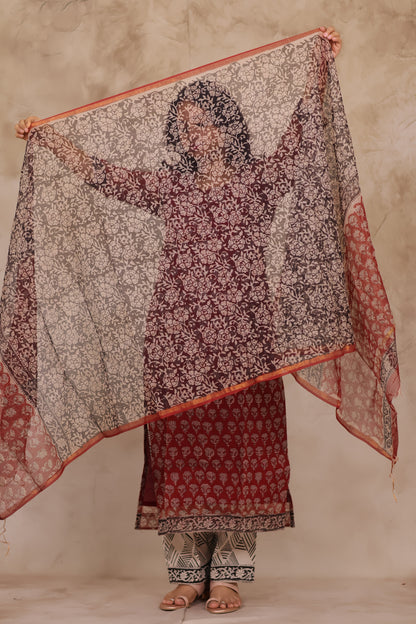 Maroon Handblock printed kota 3 piece suit (stitched)