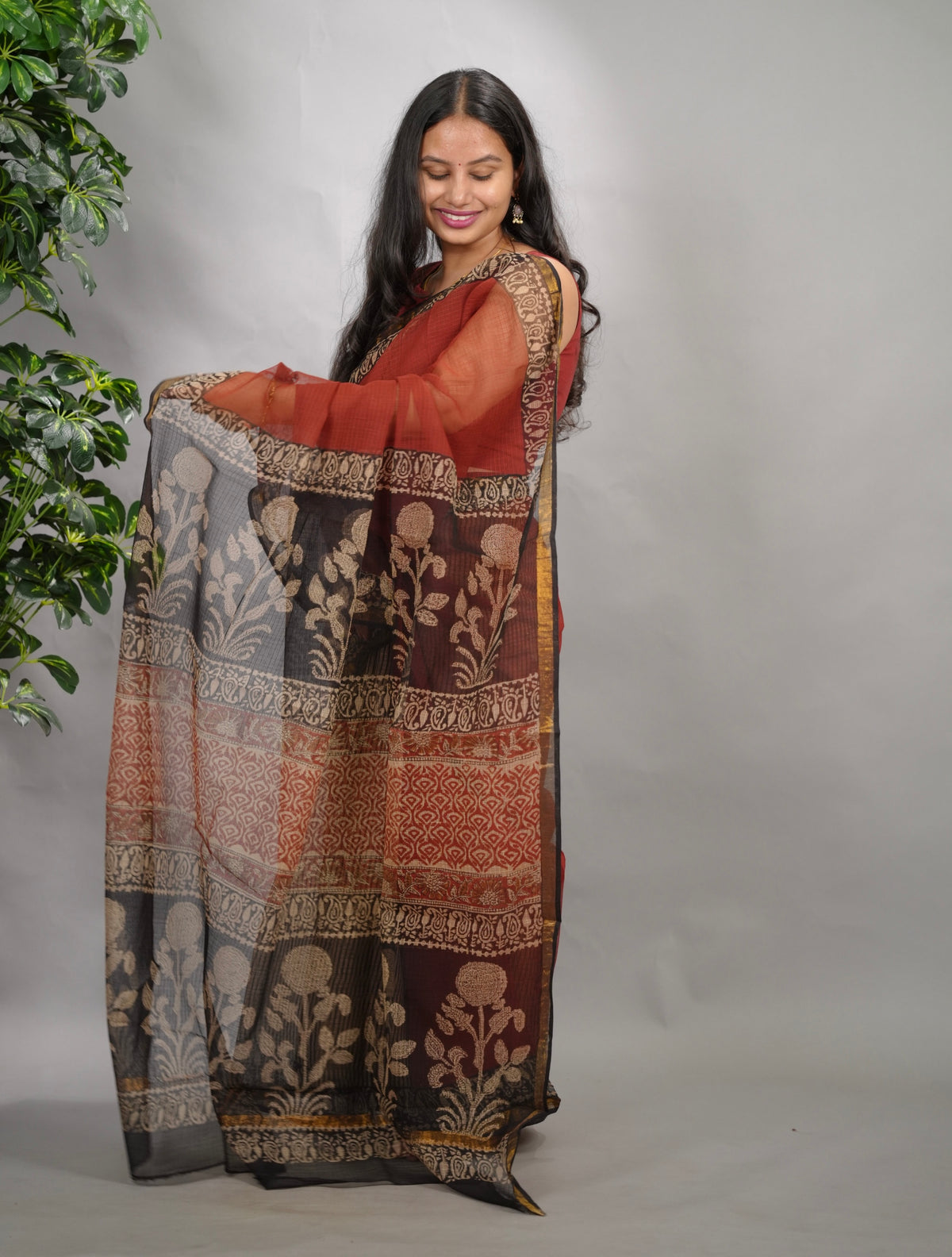 Maroon Pure Kota Doria Saree with Bagru Handblock Prints