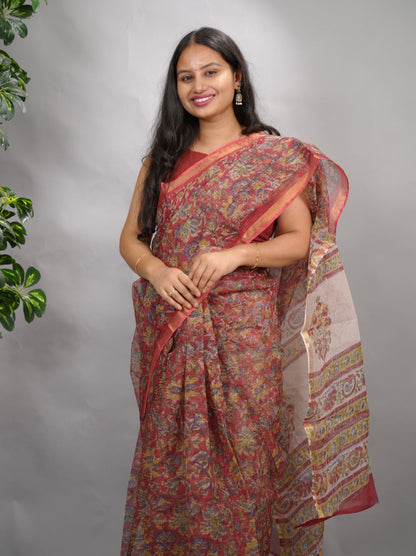 Red Floral Pure Kota Doria Saree with Bagru Handblock Prints