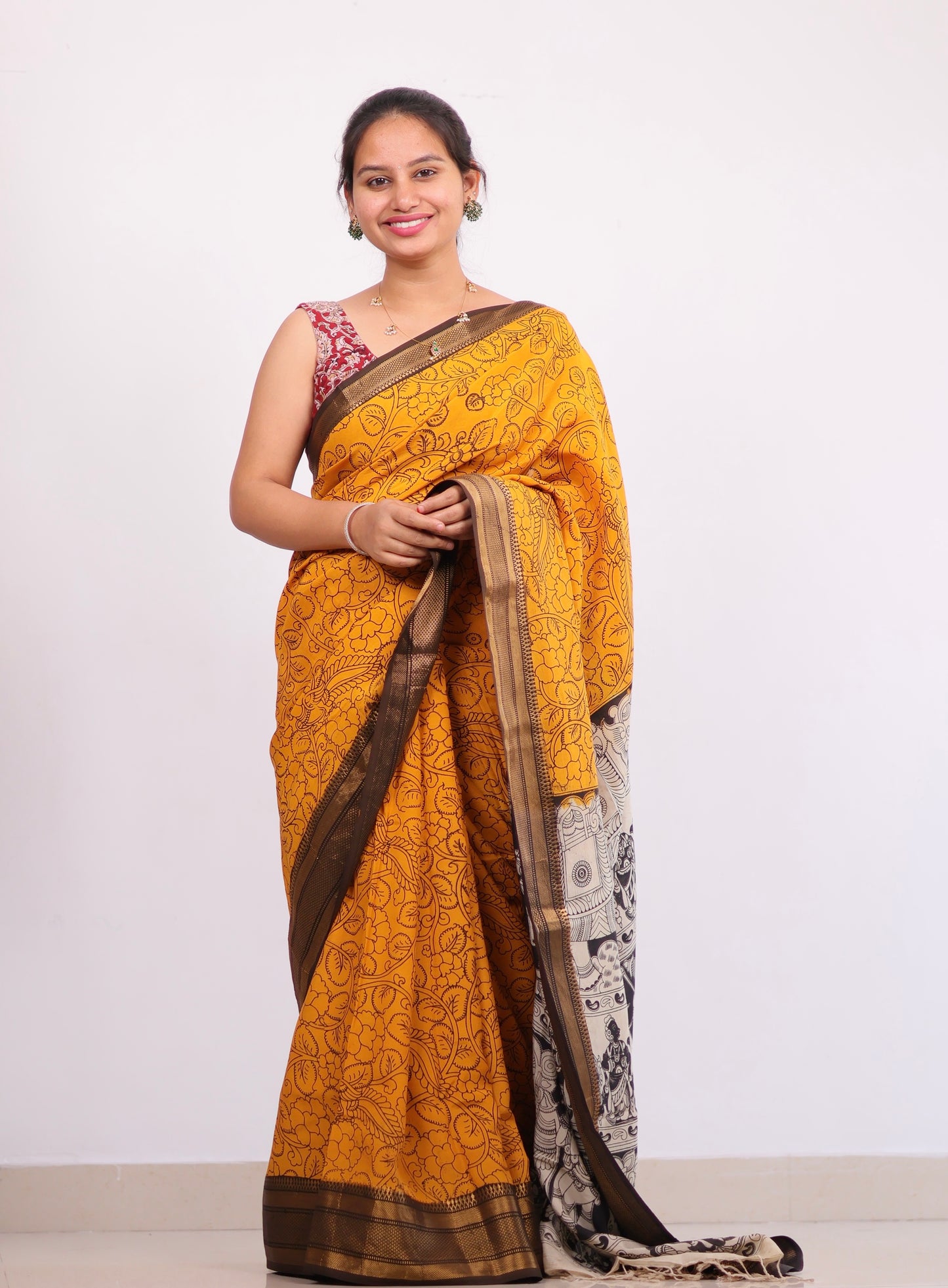 Mustard Dyeing Outline kalamkari silk saree