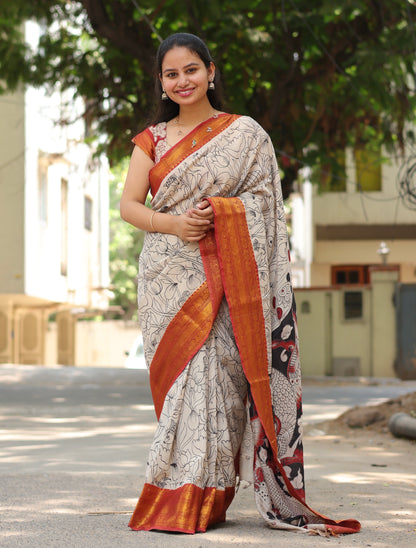 Kanchi Border Outline Kalamkari Silk Saree