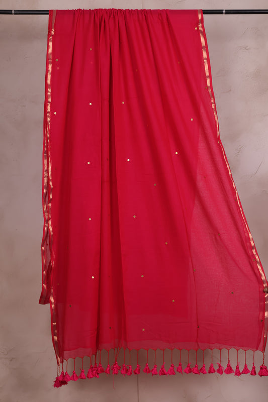 Red Pure Handwoven Malai Cotton Saree with Sequence Work with Ajrakh blouse piece