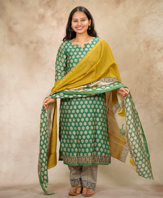 Green Handblock printed Pure Chenderi Silk 3 piece suit (stitched) | Looms & Tassels