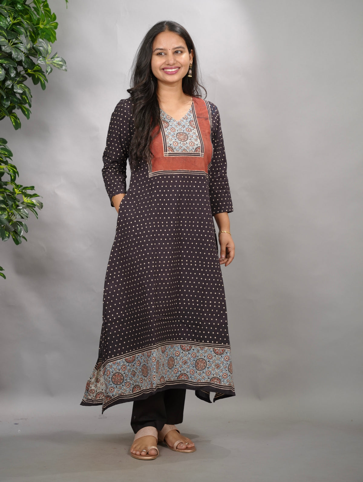 Black Ajrakh Pattern Hand Block printed Aline Kurti | Looms & Tassels