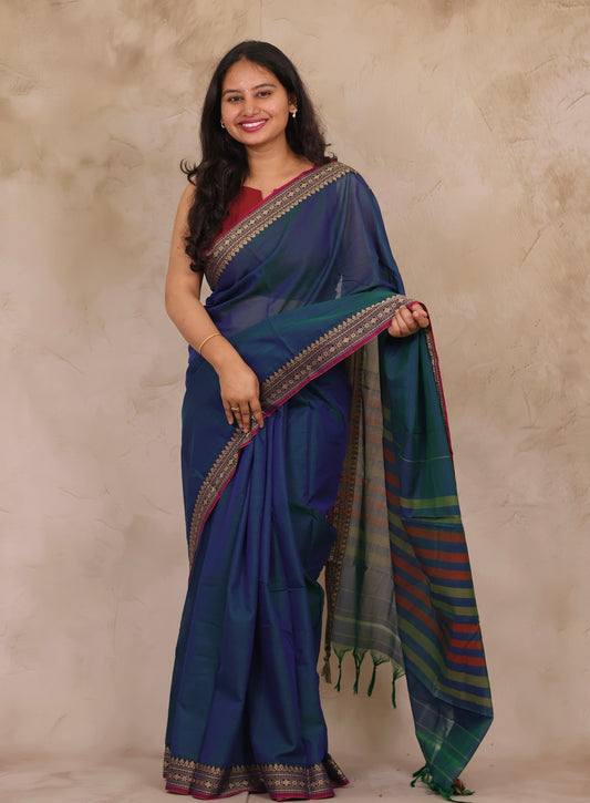 Peacock Blue Narayanpet Cotton Saree | Looms & Tassels