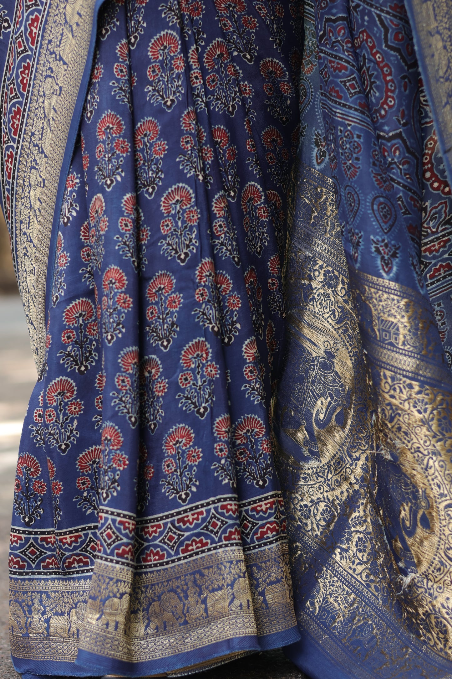 Indigo Ajrakh Dola Silk Saree