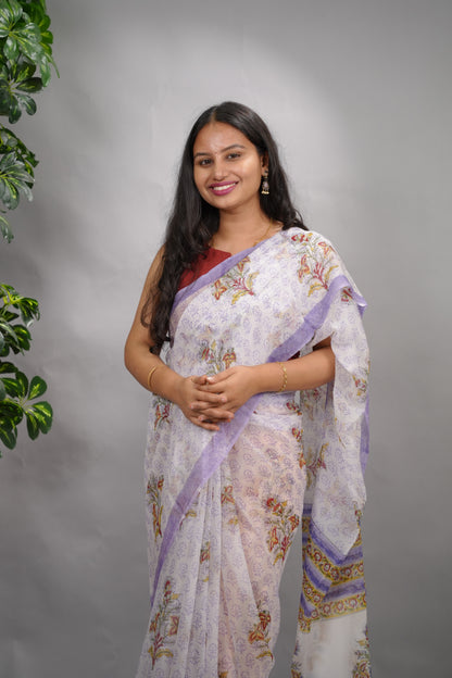 White & Lavender Hand Block Printed chiffon Saree| Looms & Tassels