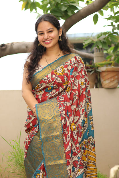 Red Kanchi border Kalamkari chennur silk saree