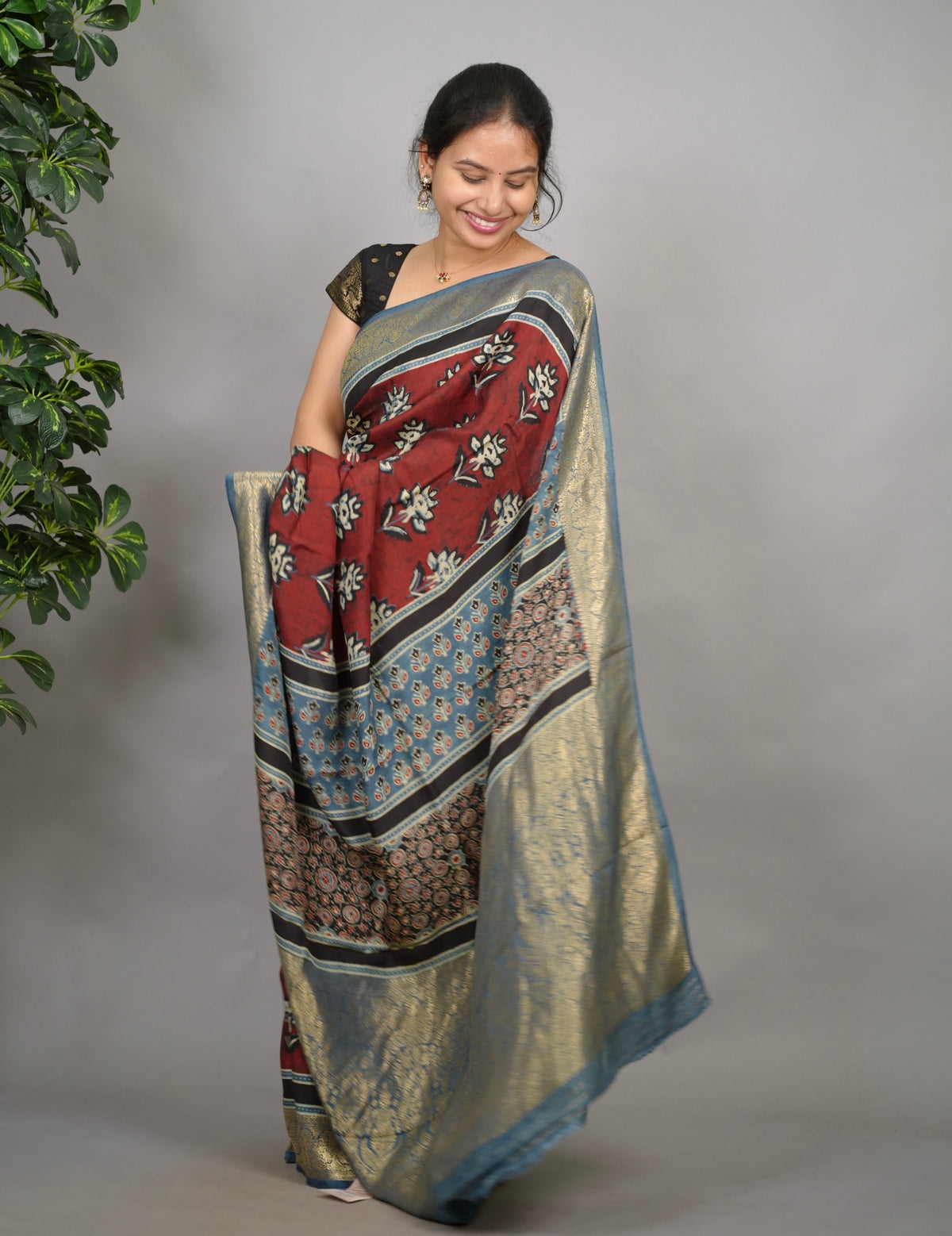 Ajrakh Dola Silk Saree - Brick Red | Looms & Tassels