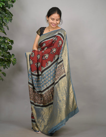 Ajrakh Dola Silk Saree - Brick Red | Looms & Tassels