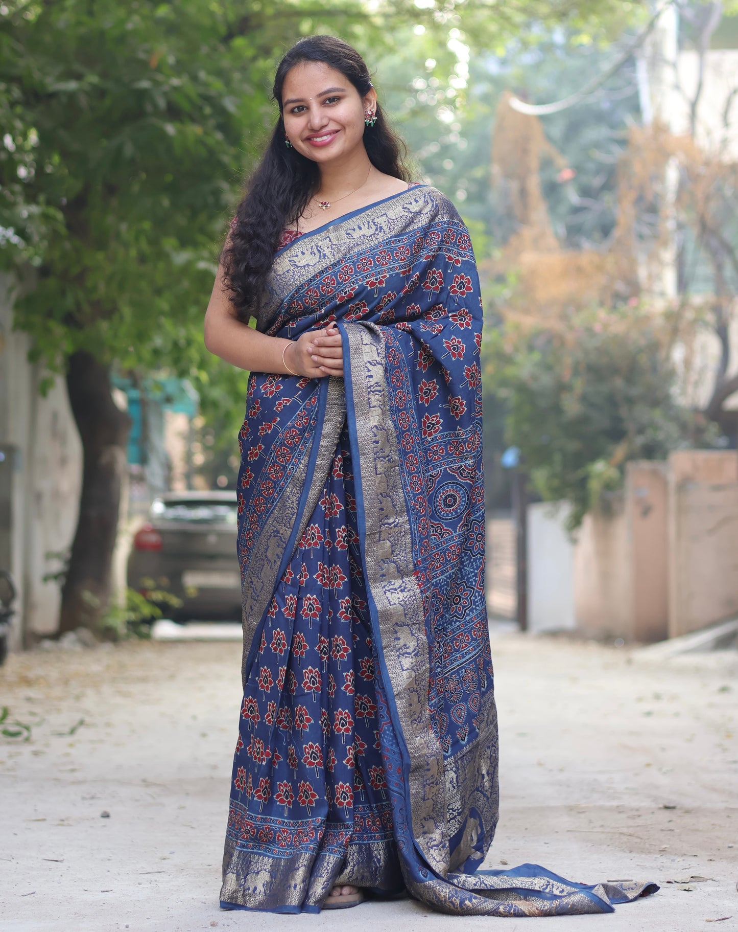 Indigo Lotus Butta Ajrakh Handblock Printed Dola Silk Saree