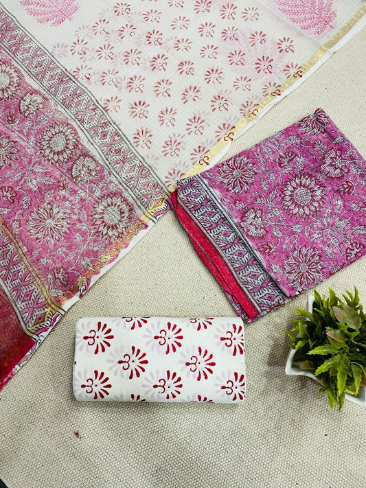 Handblock printed pure kota doria cotton 3 piece suit set