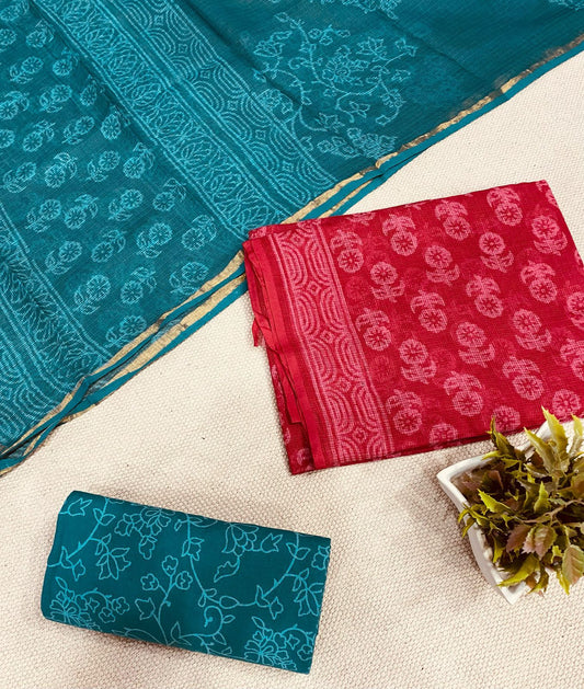 Handblock printed pure kota doria cotton 3 piece suit set
