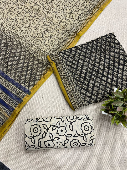 Handblock printed pure kota doria cotton 3 piece suit set
