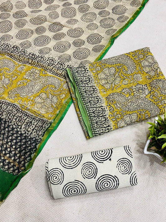 Handblock printed pure kota doria cotton 3 piece suit set