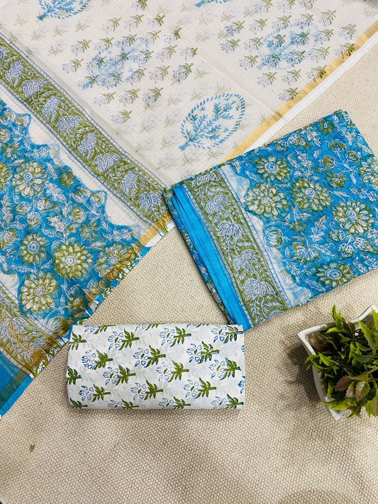 Handblock printed pure kota doria cotton 3 piece suit set