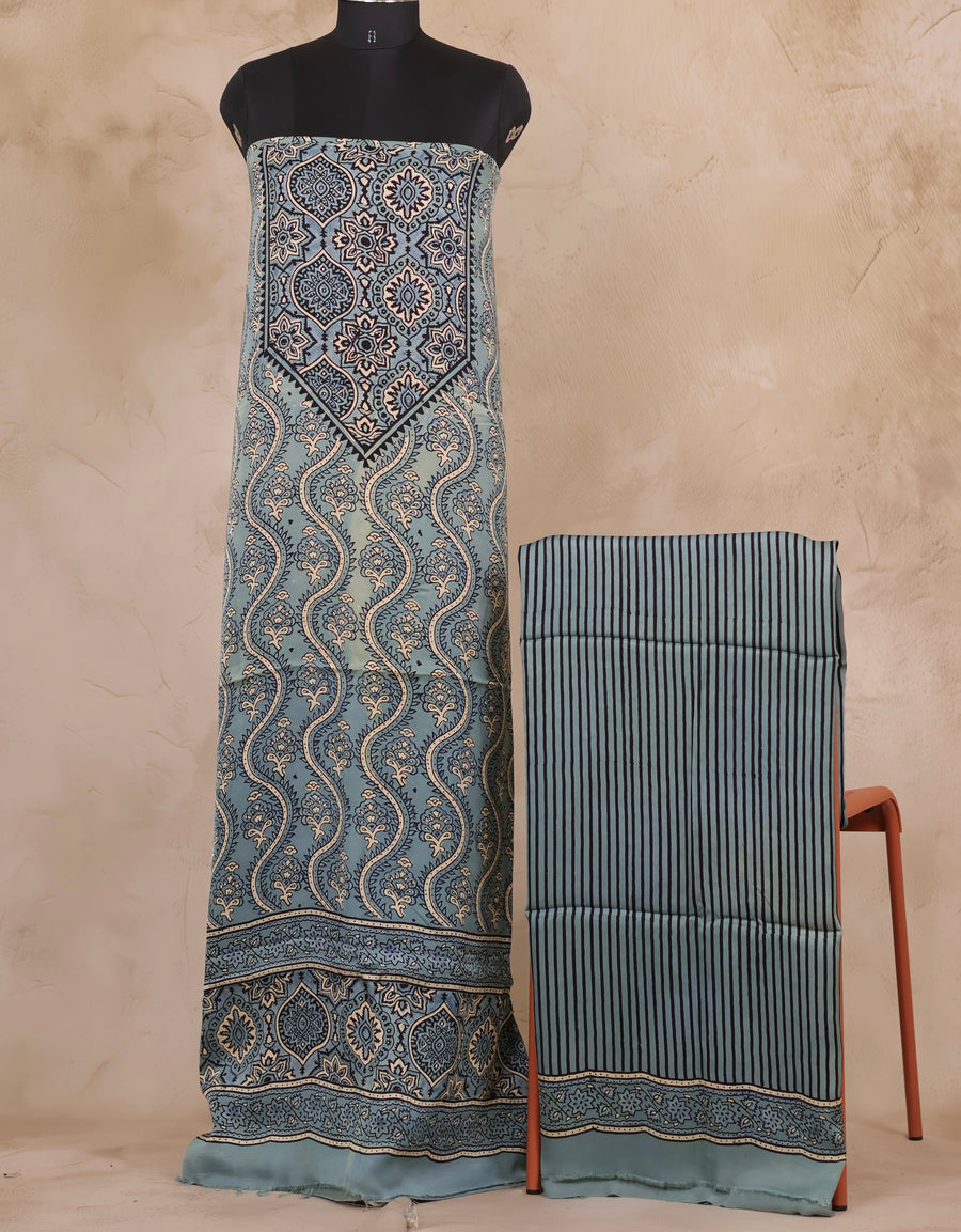 Sky Blue Ajrakh Hand Block Printed Natural Dyed Modal Silk 2 Piece Suit Set | Looms & Tassels