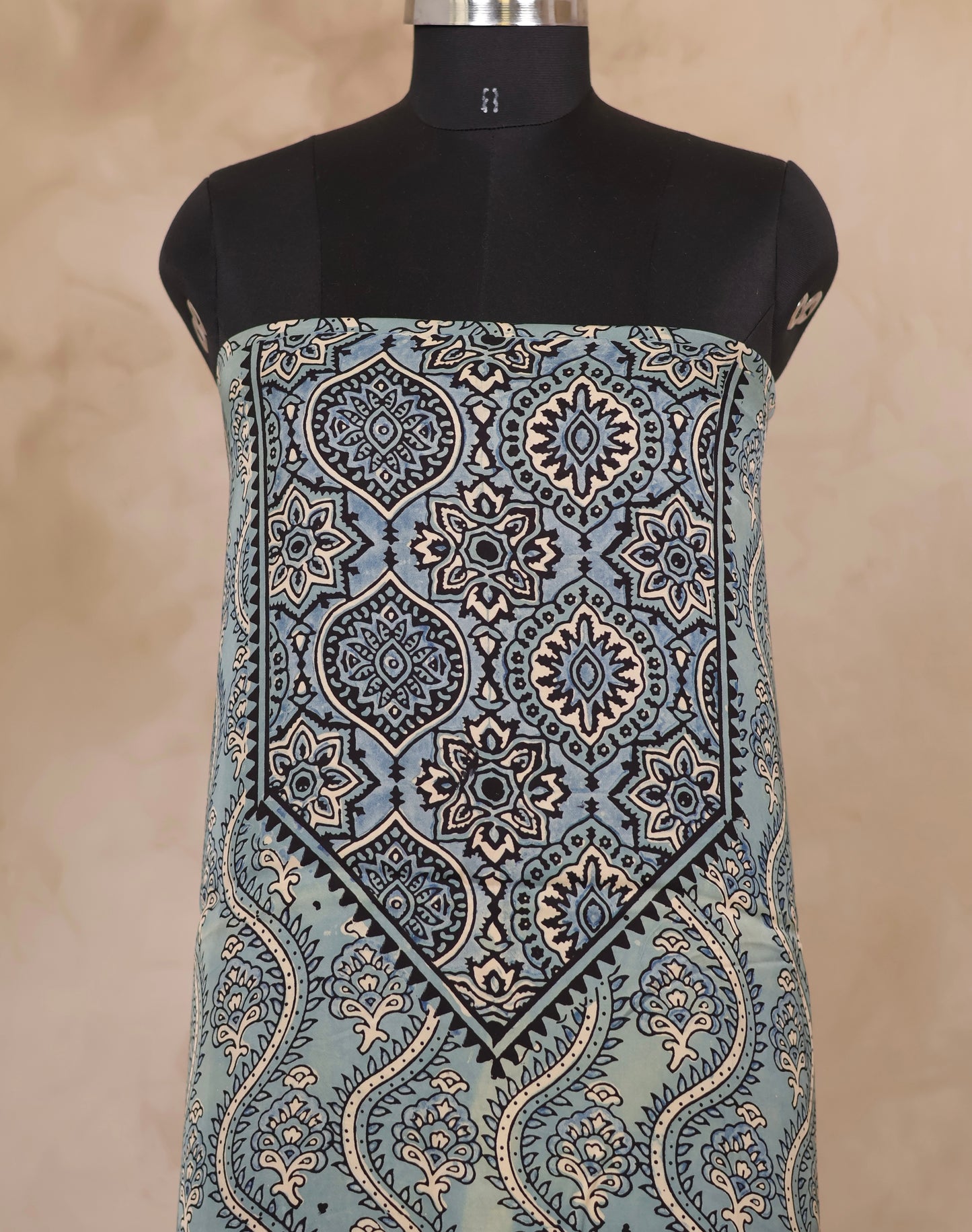 Sky Blue Ajrakh Hand Block Printed Natural Dyed Modal Silk 2 Piece Suit Set | Looms & Tassels
