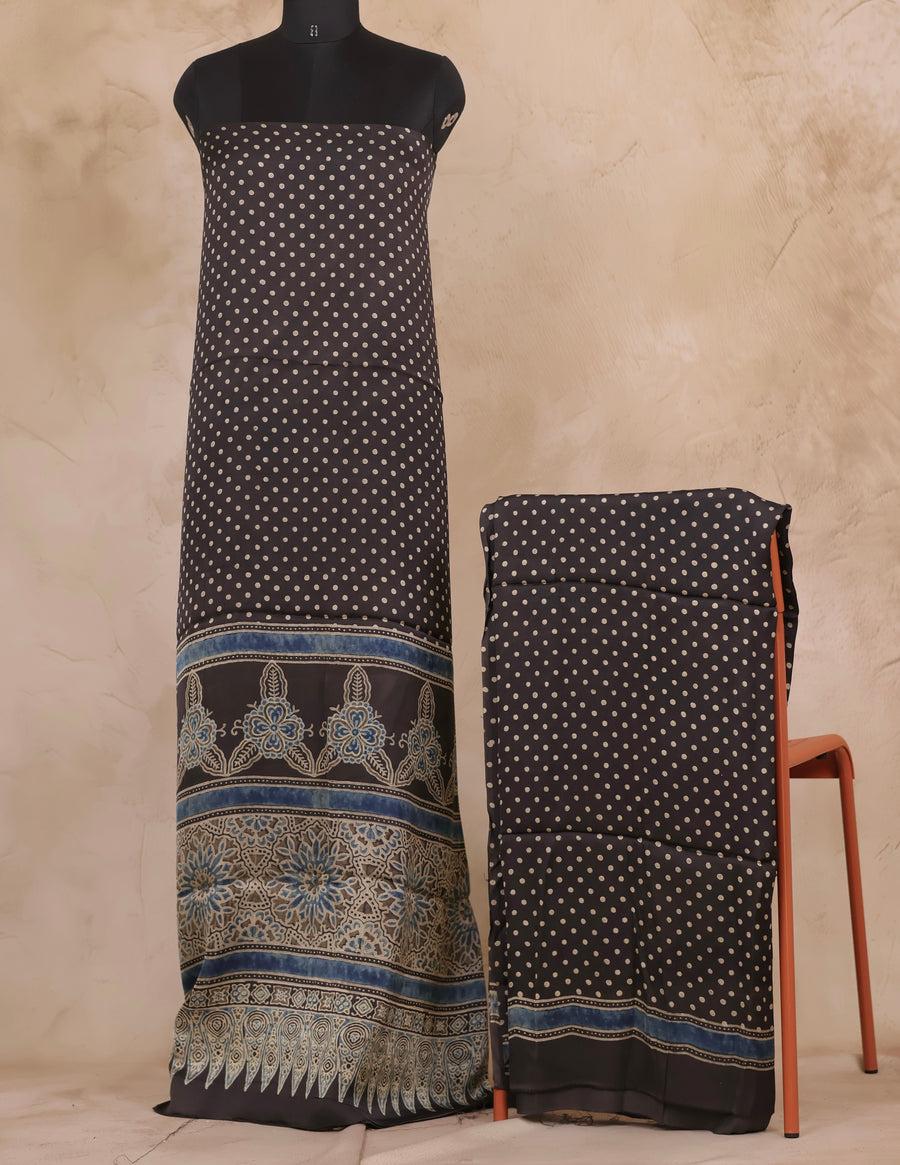 Black Ajrakh Hand Block Printed Natural Dyed Modal Silk 2 Piece Suit Set | Looms & Tassels