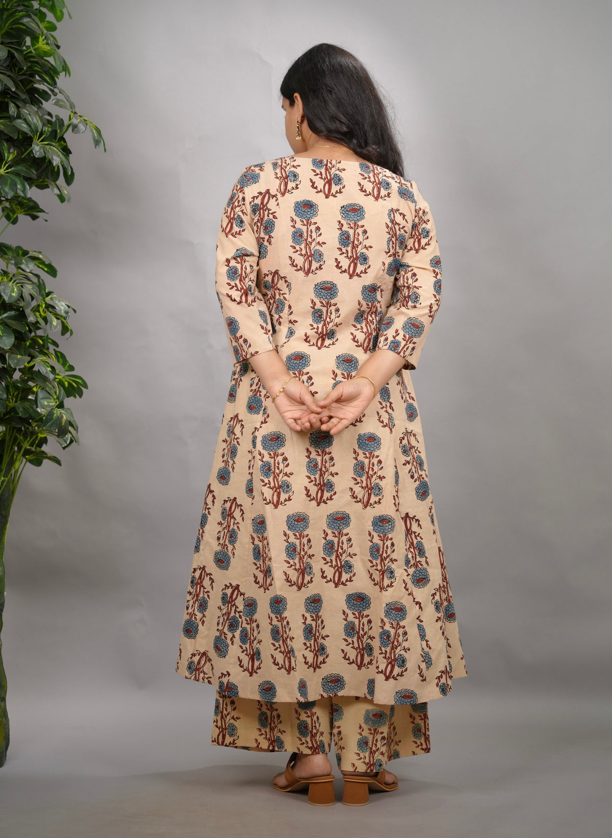 Cream Ajrakh Handblock Printed Kali Kurti Co-ord Set (Pure Cotton ) | Looms & Tassels