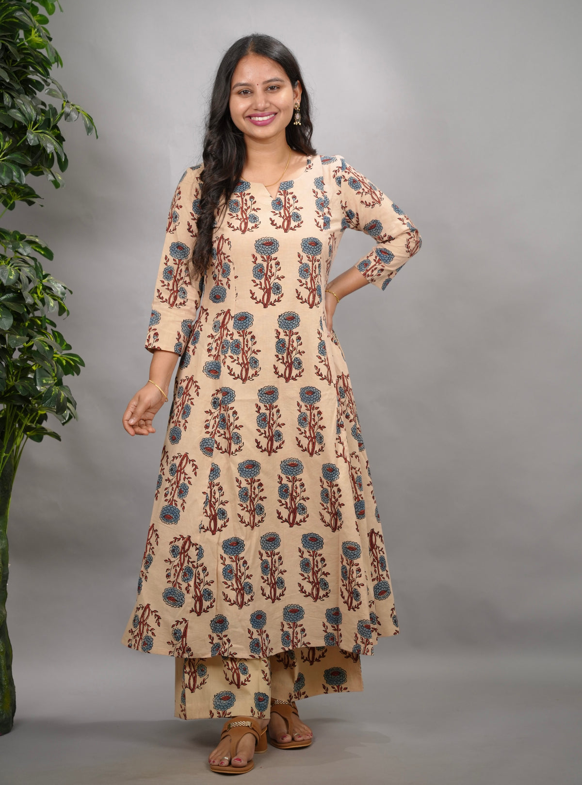 Cream Ajrakh Handblock Printed Kali Kurti Co-ord Set (Pure Cotton ) | Looms & Tassels