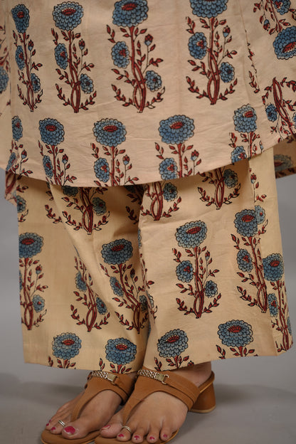 Cream Ajrakh Handblock Printed Kali Kurti Co-ord Set (Pure Cotton ) | Looms & Tassels