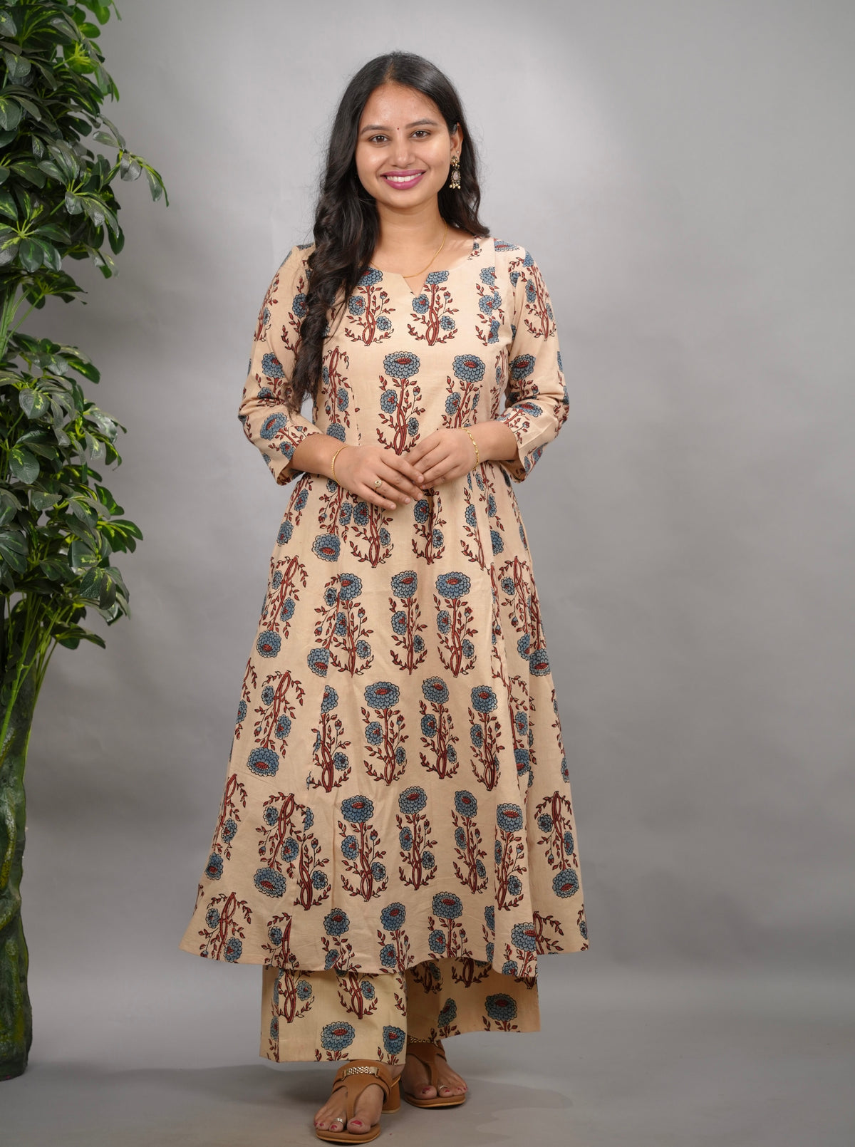 Cream Ajrakh Handblock Printed Kali Kurti Co-ord Set (Pure Cotton ) | Looms & Tassels