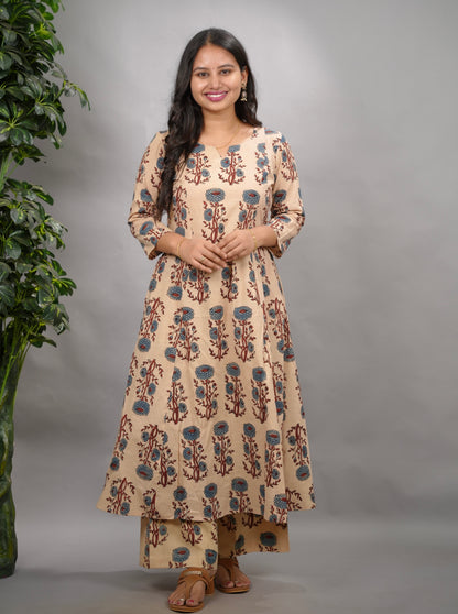 Cream Ajrakh Handblock Printed Kali Kurti Co-ord Set (Pure Cotton ) | Looms & Tassels