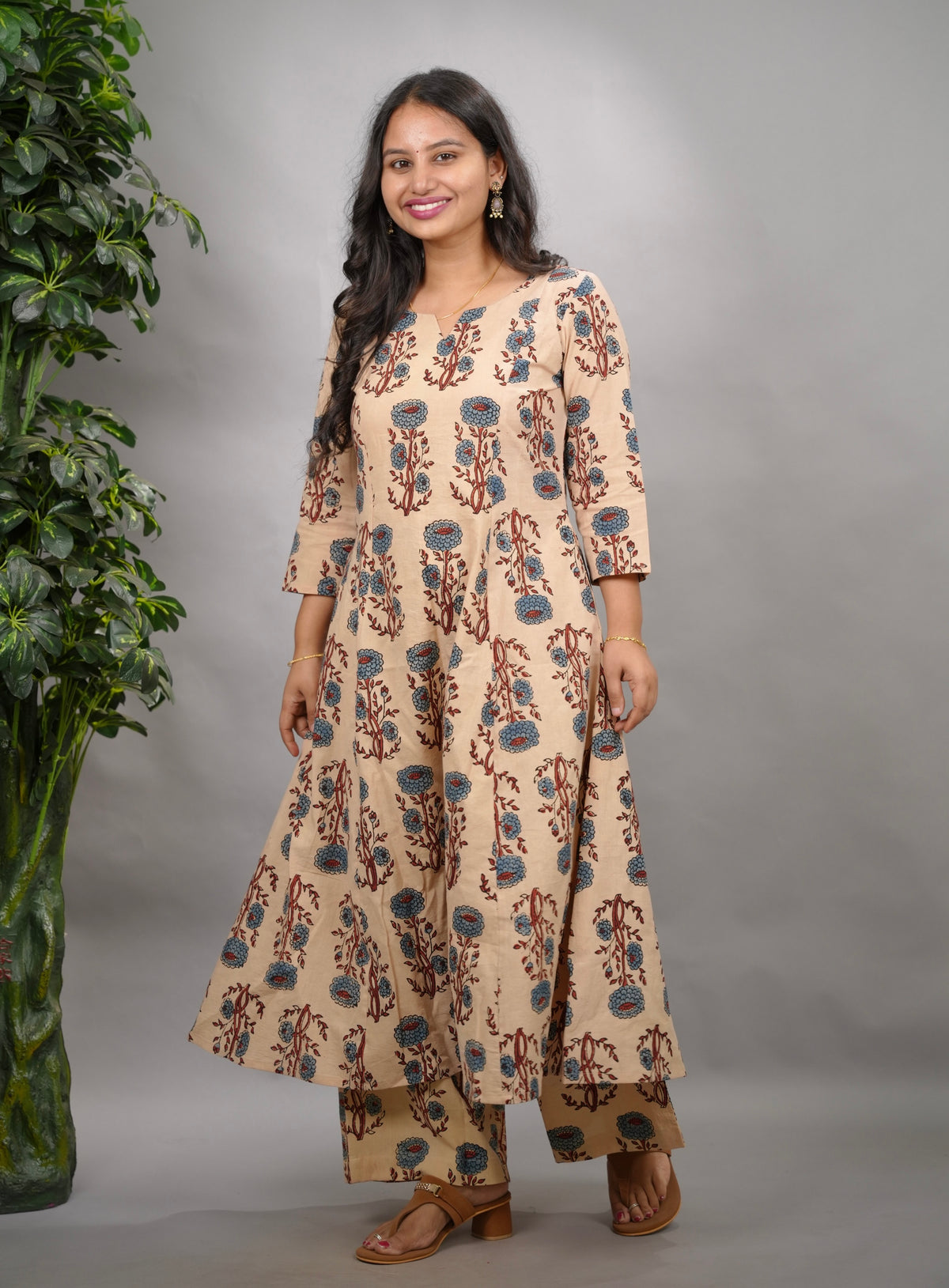Cream Ajrakh Handblock Printed Kali Kurti Co-ord Set (Pure Cotton ) | Looms & Tassels