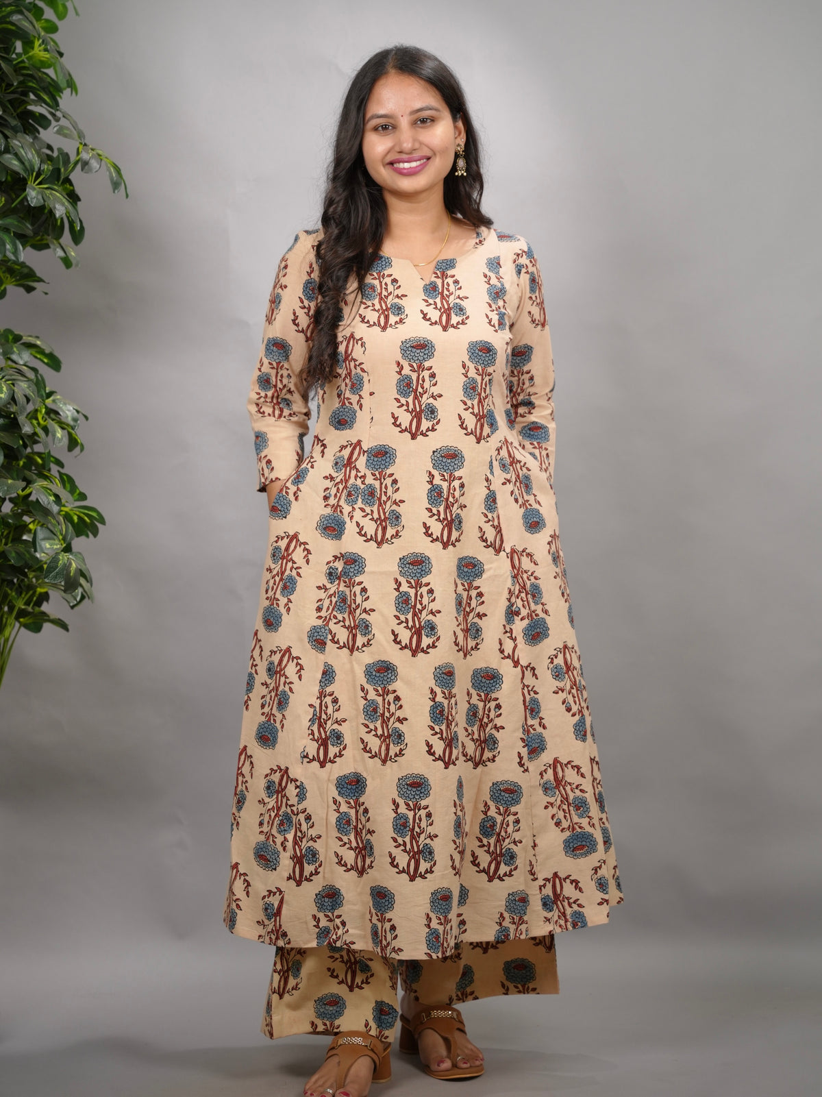Cream Ajrakh Handblock Printed Kali Kurti Co-ord Set (Pure Cotton ) | Looms & Tassels