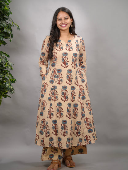 Cream Ajrakh Handblock Printed Kali Kurti Co-ord Set (Pure Cotton ) | Looms & Tassels